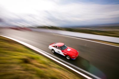 260;10-April-2009;1974-Datsun-260Z;34745H;Australia;Bathurst;FOSC;Festival-of-Sporting-Cars;Historic-Sports-Cars;James-Flett;Mt-Panorama;NSW;New-South-Wales;Topshot;auto;classic;clouds;motion-blur;motorsport;racing;sky;vintage;wide-angle