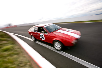 58;10-April-2009;1977-Alfa-Romeo-GTV;Australia;Bathurst;FOSC;Festival-of-Sporting-Cars;Historic-Sports-Cars;Mt-Panorama;NSW;New-South-Wales;Phil-Baskett;auto;classic;clouds;motion-blur;motorsport;racing;sky;vintage;wide-angle