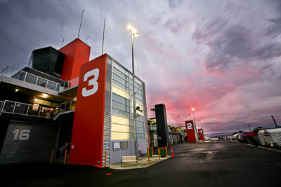 11-April-2009;Australia;Bathurst;FOSC;Festival-of-Sporting-Cars;Mt-Panorama;NSW;New-South-Wales;atmosphere;auto;building;clouds;morning;motorsport;paddock;racing;sky;tower;wide-angle