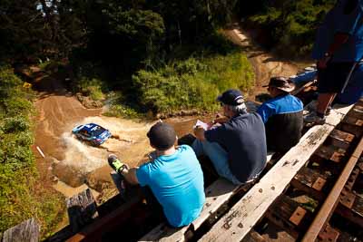 6;9-May-2009;APRC;Asia-Pacific-Rally-Championship;Australia;Ben-Searcy;IROQ;Imbil;International-Rally-Of-Queensland;Jean‒Louis-Leyraud;QLD;Queensland;Rally-Queensland;Subaru-Impreza-WRX-STI;Sunshine-Coast;auto;bridge;crowd;fans;motorsport;people;persons;racing;railway;special-stage;spectators;view;water-splash;wide-angle