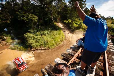 8;9-May-2009;APRC;Asia-Pacific-Rally-Championship;Australia;Evo-9;IROQ;Imbil;International-Rally-Of-Queensland;Mitsubishi-Lancer;Mitsubishi-Lancer-Evolution-IX;QLD;Queensland;Rally-Queensland;Simon-Evans;Sue-Evans;Sunshine-Coast;auto;bridge;crowd;fans;motorsport;people;persons;racing;railway;special-stage;spectators;view;water-splash;wide-angle