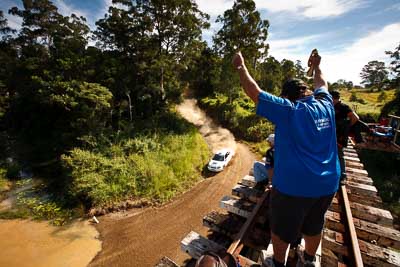 9;9-May-2009;APRC;Asia-Pacific-Rally-Championship;Australia;Chris-Murphy;Eli-Evans;IROQ;Imbil;International-Rally-Of-Queensland;QLD;Queensland;Rally-Queensland;Subaru-Impreza-WRX-STI;Sunshine-Coast;auto;bridge;crowd;fans;motorsport;people;persons;racing;railway;special-stage;spectators;view;wide-angle