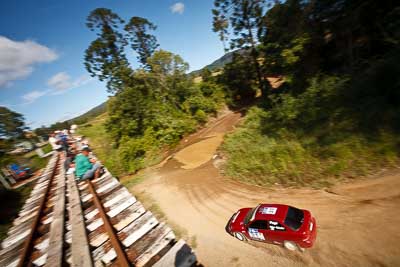 31;9-May-2009;ARC;Australia;Australian-Rally-Championship;Hyundai-Excel;IROQ;Imbil;International-Rally-Of-Queensland;Luke-Page;QLD;Queensland;Rally-Queensland;Sunshine-Coast;Tiffany-Baker‒Schaefer;auto;bridge;crowd;fans;motion-blur;motorsport;racing;railway;sky;special-stage;spectators;speed;view;wide-angle