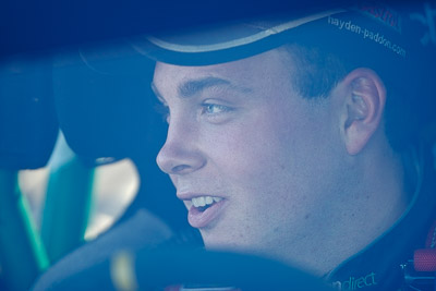 9-May-2009;APRC;Asia-Pacific-Rally-Championship;Australia;Hayden-Paddon;IROQ;Imbil;Imbil-Showgrounds;International-Rally-Of-Queensland;QLD;Queensland;Rally-Queensland;Sunshine-Coast;afternoon;auto;driver;in‒car;motorsport;person;portrait;racing;service-centre;service-park;showgrounds;super-telephoto