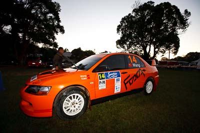 14;9-May-2009;APRC;Asia-Pacific-Rally-Championship;Australia;Evo-9;IROQ;Imbil;Imbil-Showgrounds;International-Rally-Of-Queensland;Mitsubishi-Lancer;Mitsubishi-Lancer-Evolution-IX;QLD;Queensland;Rally-Queensland;Reece-Jones-Rallysport;Rui-Wang;Song-Xiao;Sunshine-Coast;auto;motion-blur;motorsport;racing;service;service-centre;service-park;showgrounds;twilight;wide-angle