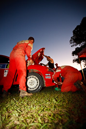 3;9-May-2009;APRC;Asia-Pacific-Rally-Championship;Australia;Evo-9;Gaurav-Gill;Glenn-Macneall;IROQ;Imbil;Imbil-Showgrounds;International-Rally-Of-Queensland;MRF-Tyres;Mitsubishi-Lancer;Mitsubishi-Lancer-Evolution-IX;QLD;Queensland;Rally-Queensland;Sunshine-Coast;Team-MRF;auto;motion-blur;motorsport;people;persons;racing;service;service-centre;service-park;showgrounds;sky;twilight;wide-angle