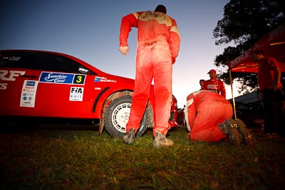 3;9-May-2009;APRC;Asia-Pacific-Rally-Championship;Australia;Evo-9;Gaurav-Gill;Glenn-Macneall;IROQ;Imbil;Imbil-Showgrounds;International-Rally-Of-Queensland;MRF-Tyres;Mitsubishi-Lancer;Mitsubishi-Lancer-Evolution-IX;QLD;Queensland;Rally-Queensland;Sunshine-Coast;Team-MRF;auto;motorsport;people;persons;racing;service;service-centre;service-park;showgrounds;sky;twilight;wide-angle