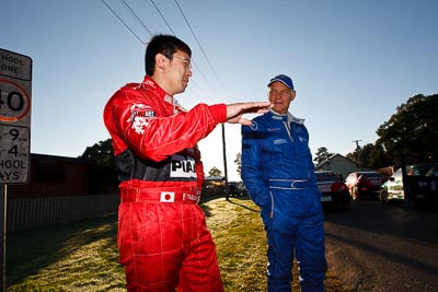 10-May-2009;APRC;Asia-Pacific-Rally-Championship;Australia;IROQ;Imbil;Imbil-Showgrounds;International-Rally-Of-Queensland;Jean‒Louis-Leyraud;Katsu-Taguchi;QLD;Queensland;Rally-Queensland;Sunshine-Coast;auto;drivers;morning;motorsport;people;person;persons;portrait;racing;service;service-park;showgrounds;sky;sun;wide-angle