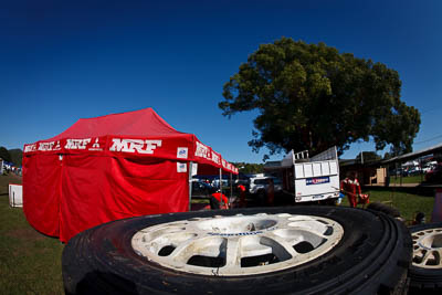 10-May-2009;APRC;Asia-Pacific-Rally-Championship;Australia;IROQ;Imbil;Imbil-Showgrounds;International-Rally-Of-Queensland;QLD;Queensland;Rally-Queensland;Speedline-Corse;Sunshine-Coast;Team-MRF;auto;crew;fisheye;motorsport;racing;service-centre;service-park;showgrounds;sky;team;tent;tyre;wheel