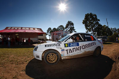 9;10-May-2009;APRC;Asia-Pacific-Rally-Championship;Australia;Chris-Murphy;Eli-Evans;IROQ;Imbil;Imbil-Showgrounds;International-Rally-Of-Queensland;QLD;Queensland;Rally-Queensland;Subaru-Impreza-WRX-STI;Sunshine-Coast;auto;fisheye;motorsport;racing;showgrounds;sky;sun