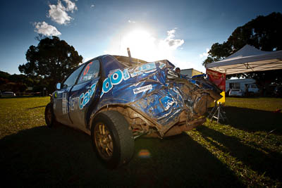 6;10-May-2009;APRC;Asia-Pacific-Rally-Championship;Australia;Ben-Searcy;IROQ;Imbil;Imbil-Showgrounds;International-Rally-Of-Queensland;Jean‒Louis-Leyraud;QLD;Queensland;Rally-Queensland;Subaru-Impreza-WRX-STI;Sunshine-Coast;auto;crash;damage;motorsport;racing;retirement;service;service-park;showgrounds;sun;wide-angle;wreck