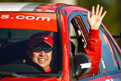 10-May-2009;APRC;Asia-Pacific-Rally-Championship;Australia;IROQ;Imbil;Imbil-Showgrounds;International-Rally-Of-Queensland;Katsu-Taguchi;QLD;Queensland;Rally-Queensland;Sunshine-Coast;Topshot;auto;celebration;driver;in‒car;motorsport;official-finish;person;podium;portrait;racing;showgrounds;super-telephoto