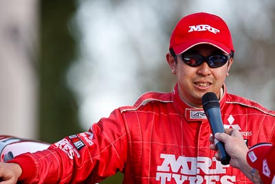 10-May-2009;APRC;Asia-Pacific-Rally-Championship;Australia;IROQ;Imbil;Imbil-Showgrounds;International-Rally-Of-Queensland;Katsu-Taguchi;QLD;Queensland;Rally-Queensland;Sunshine-Coast;auto;celebration;driver;motorsport;official-finish;person;podium;portrait;racing;showgrounds;super-telephoto