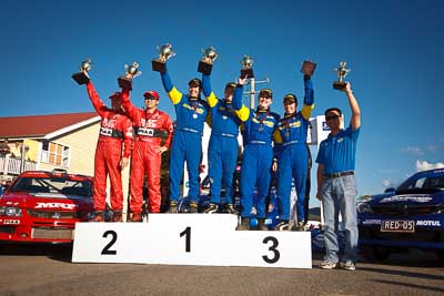 10-May-2009;APRC;Asia-Pacific-Rally-Championship;Australia;Ben-Atkinson;Cody-Crocker;Emma-Gilmour;IROQ;Imbil;Imbil-Showgrounds;International-Rally-Of-Queensland;Katsu-Taguchi;Mark-Stacey;QLD;Queensland;Rally-Queensland;Rhianon-Smyth;Sunshine-Coast;auto;celebration;motorsport;official-finish;people;persons;podium;racing;showgrounds;sky;wide-angle