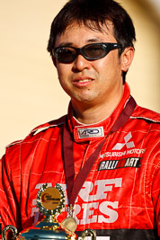 10-May-2009;APRC;Asia-Pacific-Rally-Championship;Australia;IROQ;Imbil;Imbil-Showgrounds;International-Rally-Of-Queensland;Katsu-Taguchi;QLD;Queensland;Rally-Queensland;Sunshine-Coast;auto;celebration;driver;motorsport;official-finish;person;podium;portrait;racing;showgrounds;super-telephoto