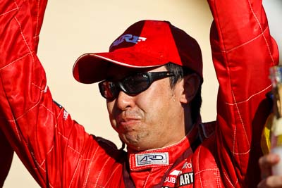 10-May-2009;APRC;Asia-Pacific-Rally-Championship;Australia;IROQ;Imbil;Imbil-Showgrounds;International-Rally-Of-Queensland;Katsu-Taguchi;QLD;Queensland;Rally-Queensland;Sunshine-Coast;auto;celebration;driver;motorsport;official-finish;person;podium;portrait;racing;showgrounds;super-telephoto