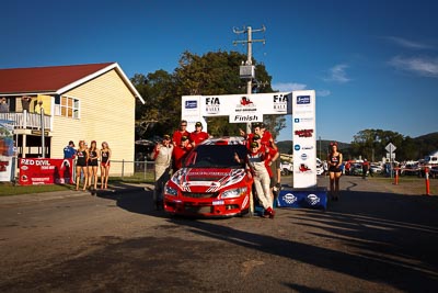 8;10-May-2009;APRC;Asia-Pacific-Rally-Championship;Australia;Evo-9;IROQ;Imbil;Imbil-Showgrounds;International-Rally-Of-Queensland;Mitsubishi-Lancer;Mitsubishi-Lancer-Evolution-IX;QLD;Queensland;Rally-Queensland;Simon-Evans;Sue-Evans;Sunshine-Coast;auto;celebration;crew;group;motorsport;official-finish;podium;racing;showgrounds;sky;team;wide-angle