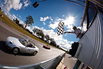 18;69;7-June-2009;Ash-Lowe;Australia;Geoff-Marsh;Group-2F;Mazda-MX‒5;Mazda-MX5;Mazda-Miata;Morgan-Park-Raceway;QLD;Queensland;Warwick;auto;chequered-flag;clouds;finish;fisheye;motorsport;racing;sky;sun