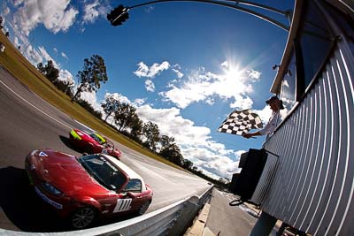 111;7-June-2009;Australia;Dennis-Brady;Group-2F;Mazda-MX‒5;Mazda-MX5;Mazda-Miata;Morgan-Park-Raceway;QLD;Queensland;Topshot;Warwick;auto;chequered-flag;clouds;finish;fisheye;motorsport;racing;sky;sun