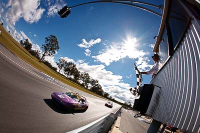 20;7-June-2009;Australia;Group-2F;Mazda-MX‒5;Mazda-MX5;Mazda-Miata;Morgan-Park-Raceway;QLD;Queensland;Sean-Lacey;Warwick;auto;chequered-flag;clouds;finish;fisheye;motorsport;racing;sky;sun