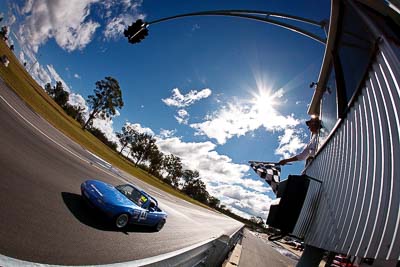 44;7-June-2009;Australia;Calum-Ballinger;Group-2F;Mazda-MX‒5;Mazda-MX5;Mazda-Miata;Morgan-Park-Raceway;QLD;Queensland;Warwick;auto;chequered-flag;clouds;finish;fisheye;motorsport;racing;sky;sun
