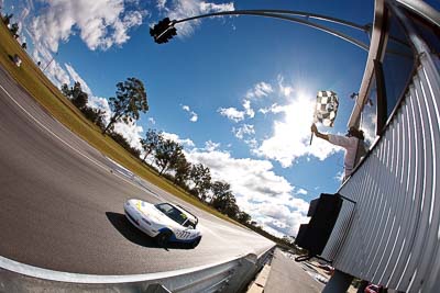 777;7-June-2009;Australia;Group-2F;Mazda-MX‒5;Mazda-MX5;Mazda-Miata;Michael-Hall;Morgan-Park-Raceway;QLD;Queensland;Warwick;auto;chequered-flag;clouds;finish;fisheye;motorsport;racing;sky;sun