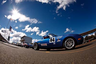 44;7-June-2009;Australia;Calum-Ballinger;Group-2F;Mazda-MX‒5;Mazda-MX5;Mazda-Miata;Morgan-Park-Raceway;QLD;Queensland;Warwick;auto;clouds;fisheye;motorsport;pit-lane;racing;sky;sun