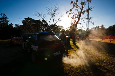 8;18-July-2009;Allan-Clunes;Australia;Gavin-Wieland;Jimna;Mazda-323-GTR;QLD;QRC;Queensland;Queensland-Rally-Championship;Sunshine-Coast;atmosphere;auto;motorsport;racing;service-centre;service-park;sky;sun;wide-angle