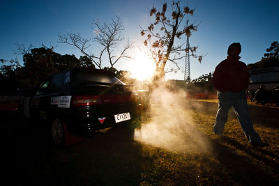 8;18-July-2009;Allan-Clunes;Australia;Gavin-Wieland;Jimna;Mazda-323-GTR;QLD;QRC;Queensland;Queensland-Rally-Championship;Sunshine-Coast;Topshot;atmosphere;auto;motorsport;racing;service-centre;service-park;sky;sun;wide-angle