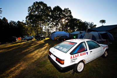 21;18-July-2009;Adam-Laney;Australia;Jimna;Nathan-Long;QLD;QRC;Queensland;Queensland-Rally-Championship;Sunshine-Coast;Toyota-Sprinter;atmosphere;auto;motorsport;racing;service-centre;service-park;trees;wide-angle