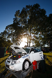 2;18-July-2009;Australia;Evo-6;Jimna;Kent-Lawrence;Mitsubishi-Lancer;Mitsubishi-Lancer-Evolution-VI;QLD;QRC;Queensland;Queensland-Rally-Championship;Stephen-Andrews;Sunshine-Coast;atmosphere;auto;motorsport;racing;service-centre;service-park;sun;trees;wide-angle