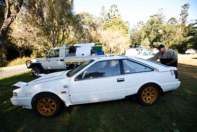 14;18-July-2009;Australia;Jimna;Nissan-Silvia-RS;QLD;QRC;Queensland;Queensland-Rally-Championship;Simon-Campbell;Steve-Kippen;Sunshine-Coast;atmosphere;auto;motorsport;racing;service-centre;service-park;wide-angle