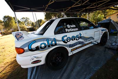 7;18-July-2009;Australia;David-Parkinson;Jimna;Mitsubishi-Lancer-Evolution-I;QLD;QRC;Queensland;Queensland-Rally-Championship;Sunshine-Coast;Tim-Erwin;atmosphere;auto;motorsport;racing;service-centre;service-park;wide-angle