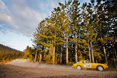 17;18-July-2009;Australia;Ivan-Voevodin;Jimna;Mark-Malpas;Mazda-RX‒7;QLD;QRC;Queensland;Queensland-Rally-Championship;Sunshine-Coast;Topshot;afternoon;auto;dirt;dusty;gravel;landscape;motorsport;racing;scenery;sky;special-stage;trees;wide-angle