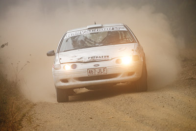 5;19-July-2009;Australia;Bob-McGowan;Ford-Falcon-XR8;Ian-Menzies;Jimna;QLD;QRC;Queensland;Queensland-Rally-Championship;Sunshine-Coast;auto;dirt;dusty;fog;gravel;motorsport;racing;special-stage;super-telephoto