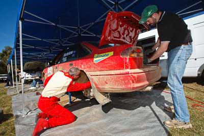 12;19-July-2009;Australia;Holden-Commodore-VS;Jamie-Macfarlane;Jimna;Larisa-Biggar;QLD;QRC;Queensland;Queensland-Rally-Championship;Sunshine-Coast;atmosphere;auto;motorsport;racing;service-centre;service-park;wide-angle