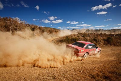 12;19-July-2009;Australia;Holden-Commodore-VS;Jamie-Macfarlane;Jimna;Larisa-Biggar;QLD;QRC;Queensland;Queensland-Rally-Championship;Sunshine-Coast;auto;clouds;corner;dirt;dust;gravel;motorsport;racing;scenery;sky;special-stage;wide-angle