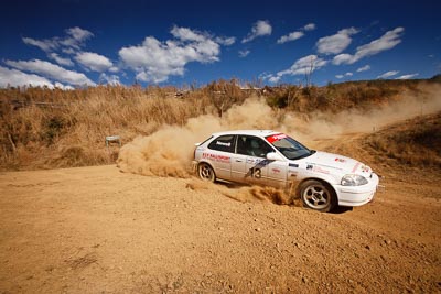 13;19-July-2009;Australia;Craig-Newell;Honda-Civic;Jimna;Linda-Newell;QLD;QRC;Queensland;Queensland-Rally-Championship;Sunshine-Coast;auto;clouds;corner;dirt;dust;gravel;motorsport;racing;scenery;sky;special-stage;wide-angle