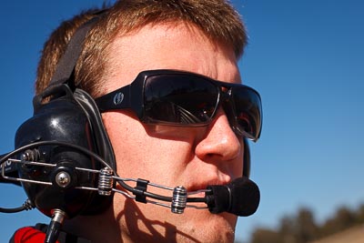 50mm;9-August-2009;Australia;Morgan-Park-Raceway;Porsche-GT3-Cup;QLD;Queensland;Shannons-Nationals;Warwick;atmosphere;auto;headset;mechanic;motorsport;portrait;racing;radio;sunglasses