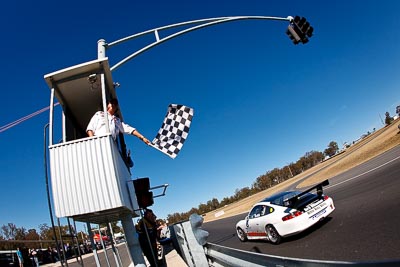 8;9-August-2009;Australia;Morgan-Park-Raceway;Porsche-996-GT3-Cup;Porsche-GT3-Cup;QLD;Queensland;Shannons-Nationals;Warwick;auto;chequered-flag;fisheye;motorsport;racing;sky