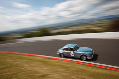 63;1963-Jaguar-Mk-II;21322H;3-April-2010;Australia;Bathurst;FOSC;Festival-of-Sporting-Cars;Historic-Touring-Cars;John-Dunning;Mt-Panorama;NSW;New-South-Wales;auto;classic;clouds;motion-blur;motorsport;movement;racing;sky;speed;vintage;wide-angle