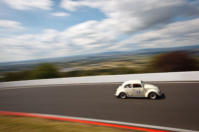 53;1958-Volkswagen-Beetle;3-April-2010;Australia;Bathurst;FOSC;Festival-of-Sporting-Cars;Historic-Touring-Cars;Mt-Panorama;NSW;New-South-Wales;Tom-Law;VW;auto;classic;clouds;motion-blur;motorsport;movement;racing;sky;speed;vintage;wide-angle