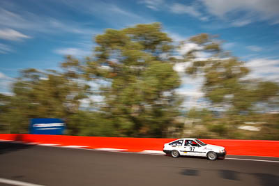 97;1985-Toyota-Sprinter-AE86;3-April-2010;Australia;Bathurst;Eddie-Swat;FOSC;Festival-of-Sporting-Cars;Mt-Panorama;NSW;New-South-Wales;RNR257;Regularity;auto;motion-blur;motorsport;racing;trees;wide-angle