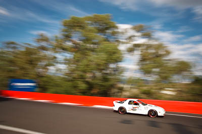 177;015HQT;1986-Mazda-RX‒7;3-April-2010;Australia;Bathurst;FOSC;Festival-of-Sporting-Cars;Mt-Panorama;NSW;New-South-Wales;Regularity;Tony-Saint;auto;motion-blur;motorsport;racing;trees;wide-angle