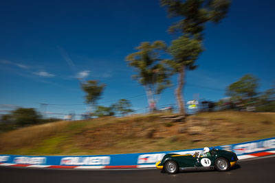 41;1958-Lister-Jaguar-Knobbly-R;4-April-2010;Australia;BB085;Barry-Bates;Bathurst;FOSC;Festival-of-Sporting-Cars;Mt-Panorama;NSW;New-South-Wales;Regularity;auto;clouds;motion-blur;motorsport;racing;sky;wide-angle