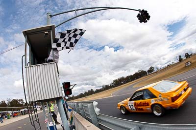 32;1985-Ford-Mustang;25-July-2010;Australia;Brett-Maddren;Group-A;Historic-Touring-Cars;Morgan-Park-Raceway;QLD;Queensland;Warwick;auto;chequered-flag;classic;clouds;finish;fisheye;motorsport;racing;sky;vintage