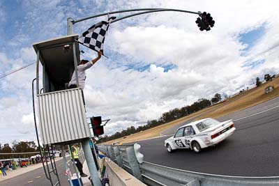 96;1980-Holden-Commodore-VB;25-July-2010;Australia;Chris-Collins;Group-C;Historic-Touring-Cars;Morgan-Park-Raceway;QLD;Queensland;Warwick;auto;chequered-flag;classic;clouds;finish;fisheye;motorsport;racing;sky;vintage