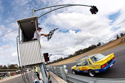 44;1988-Holden-Commodore-VL;25-July-2010;Australia;Group-A;Historic-Touring-Cars;Mark-Taylor;Morgan-Park-Raceway;QLD;Queensland;Warwick;auto;chequered-flag;classic;clouds;finish;fisheye;motorsport;racing;sky;vintage