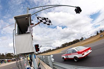 13;1979-Ford-Escort;25-July-2010;Australia;Bob-Holden;Group-C;Historic-Touring-Cars;Morgan-Park-Raceway;QLD;Queensland;Warwick;auto;chequered-flag;classic;clouds;finish;fisheye;motorsport;racing;sky;vintage