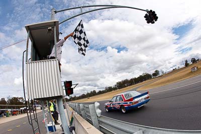 4;1982-Holden-Commodore-VH;25-July-2010;Australia;Edward-Singleton;Group-C;Historic-Touring-Cars;Morgan-Park-Raceway;QLD;Queensland;Warwick;auto;chequered-flag;classic;clouds;finish;fisheye;motorsport;racing;sky;vintage